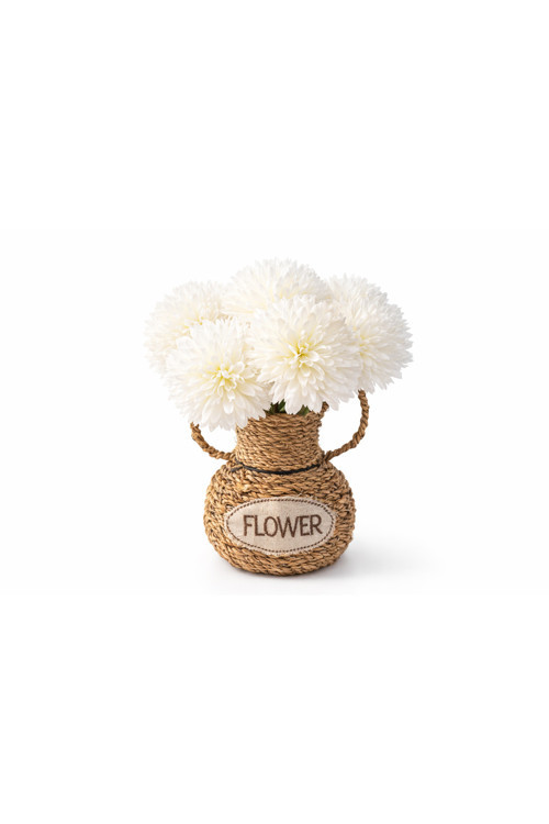 El Yapımı Vintage Tasarım Doğal Hasır Vazo,17 Cm,Dekoratif Flower Yazılı Bohem Rattan Saksı,Çiçeklik