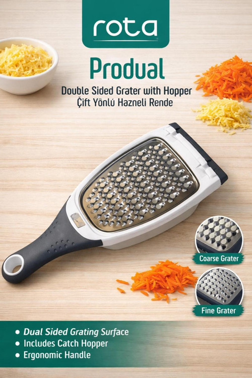 Produal Hazneli Çift Yönlü Rende - Ergonomik Kaymaz Saplı Pratik Peynir & Sebze Rendesi