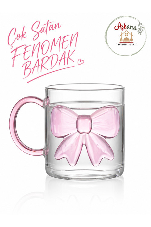 Fiyonklu Borosilikat Fenomen Cam Kupa 180 Ml,Isıya Dayanıklı Çift Cidarlı Cam Bardak,Şeffaf Tasarım,Pembe Kudele Detaylı Kahve Çay Kupası