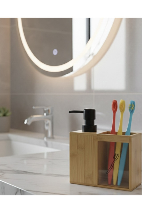 Bambu Banyo Seti | Sıvı Sabunluk Ve Diş Fırçalık Seti | Mat Siyah Detaylı