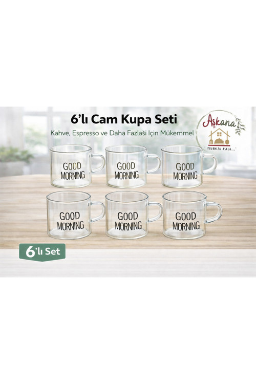 6’Lı 120 Ml Kulplu Cam Fincan,Good Morning Yazılı,Çizgili Cam Kupa Espresso Türk Kahvesi Fincanı