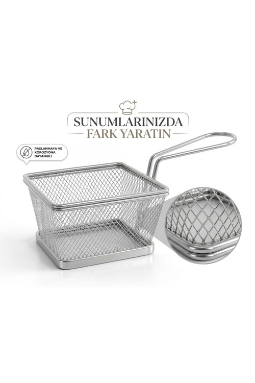 Paslanmaz Mini Sunum Sepeti, Patates Kızartması, Börek, Soğan Halkası Servis Sepeti Sunumluk