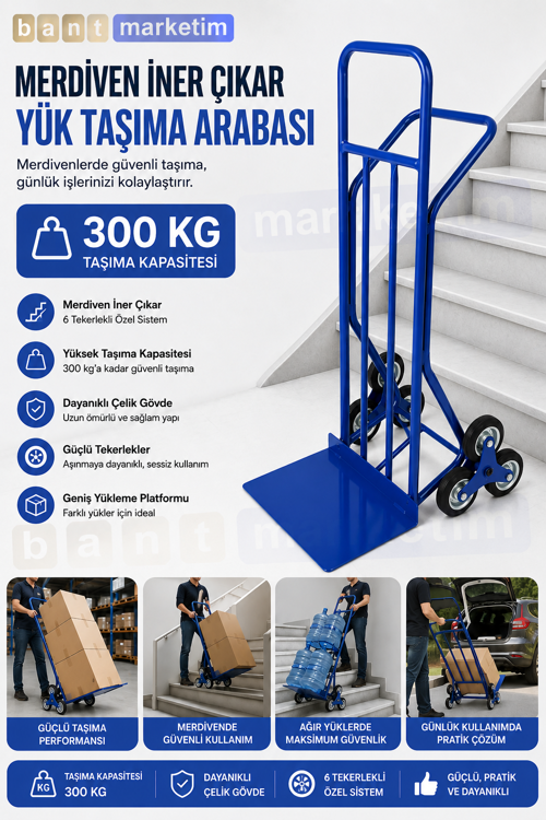 300 Kg Merdiven İner Çıkar Koli Taşıma Arabası 6 Tekerlekli Ağır Yük El Arabası