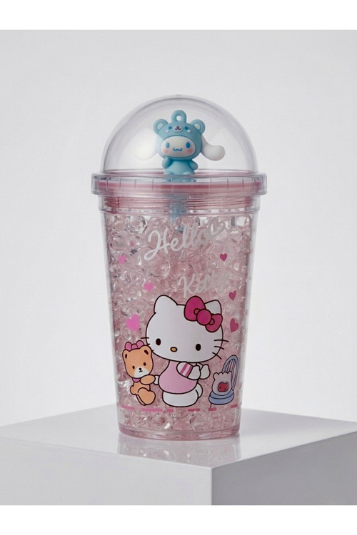 Sevimli Hello Kitty Kristal Figürlü Cam Bardak,450 Ml, Kız Çocuk Özel Tasarım Pipetli Plastik Suluk,Matara,Model2