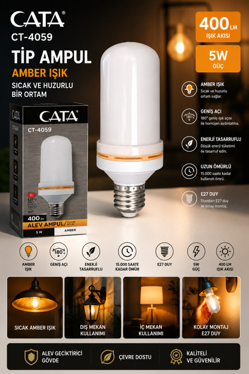 CT-4059 5W Amber Alev Ampul E27 Duy 2200K Dekoratif LED Ampul 400 lm