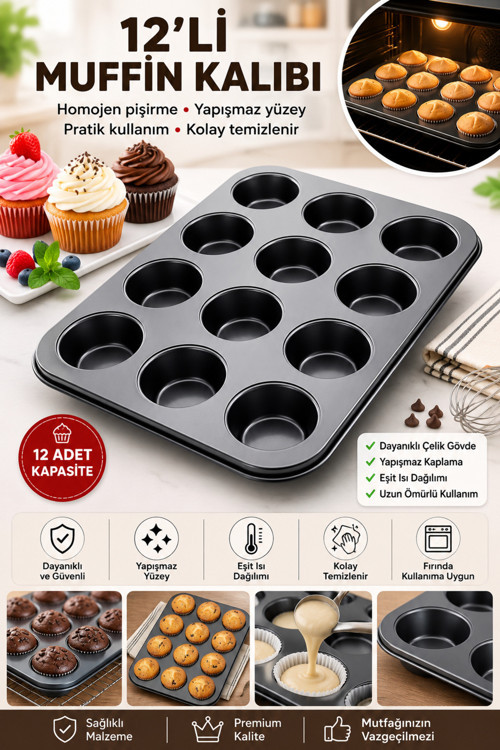 12'li Muffin Kalıbı Yapışmaz Kek ve Cupcake Kalıbı Fırın Tepsisi ev yapımı muffin kalıbı metal muffin kalıbı kek kalıbı