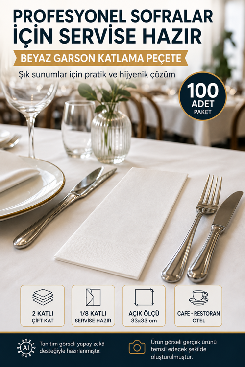 33x33 cm Beyaz Garson Katlama Peçete 100 Adet 2 Katlı Kadınlar Günü Davet Parti Sofra Kağıt Peçetesi