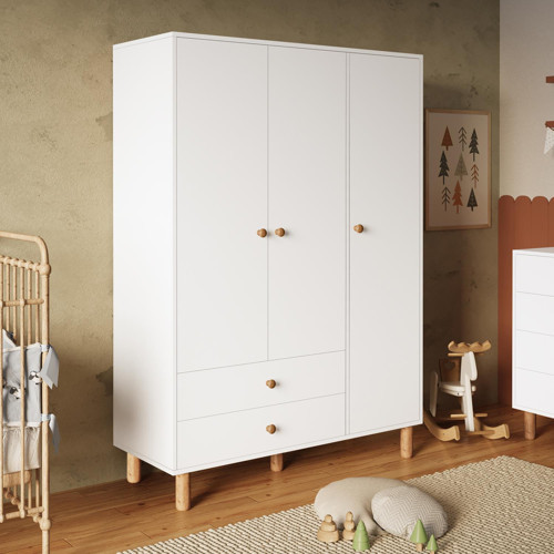 KG3040 Bunny Beyaz 120 cm, 3 Kapaklı Gardırop, 2 Çekmeceli Yüksek Ayaklı Çocuk Odası Gardırobu