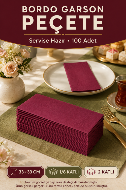 33x33 cm Bordo Garson Katlama Peçete 100 Adet 2 Katlı Kadınlar Günü Davet Parti Sofra Kağıt Peçetesi