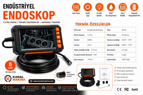 Endüstriyel Endoskop Kamera 4.3" HD