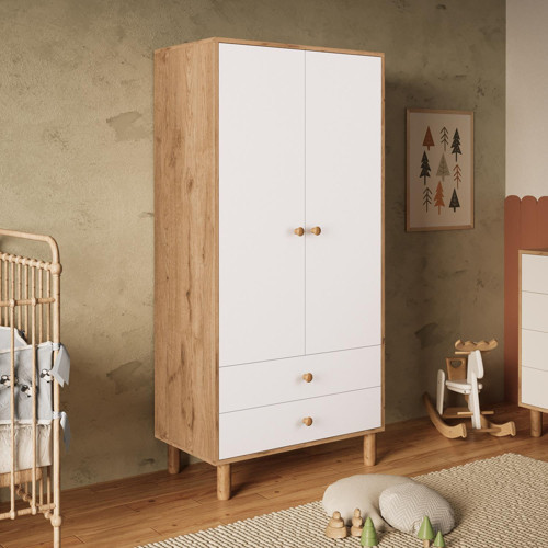 KG2010 Bunny Sepet-Beyaz 80 cm, 2 Kapaklı Gardırop, 2 Çekmeceli Yüksek Ayaklı Çocuk Odası Gardırobu