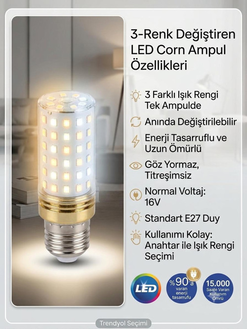 Alvina E27 Duylu 12w 2700k ~ 6500k 1000-1999 Lümen Beyaz/sarı/günışığı Renk Mısır Led Ampul