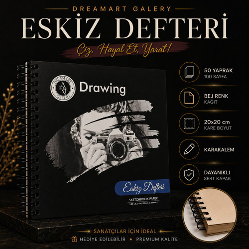 Eskiz Defteri 20X20 cm 50 Yaprak Bej Kağıt Spiralli Sert Kapak Karakalem Çizim Defteri