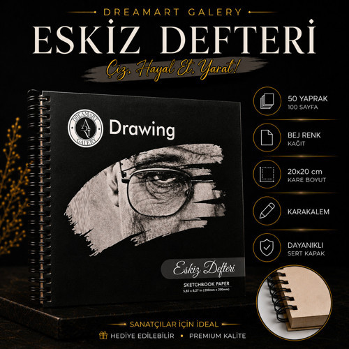 Eskiz Defteri 20X20 cm 50 Yaprak Bej Kağıt Spiralli Sert Kapak Karakalem Çizim Defteri