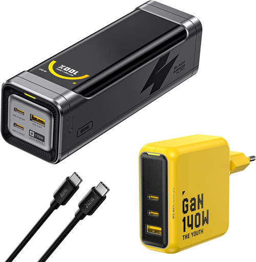 Black Warrior 25.200 Mah 170W Powerbank, Youth 3 Portlu 140W Şarj Adaptörü Seti