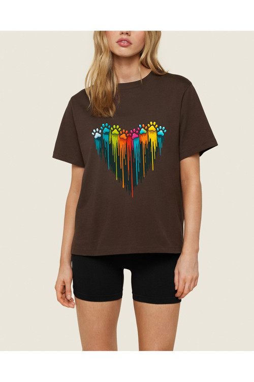Unisex Sevimli Kedi Patili Kalp Tasarım Basklı Tshirt