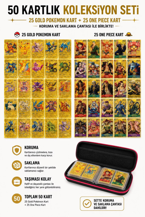 POKEMON VE ONE PİECE OYUN KARTI ÖZEL SERİ 25 GOLD POKEMON - 25 GOLD ONE PİECE + SAKLAMA ÇANTASI DAHİL