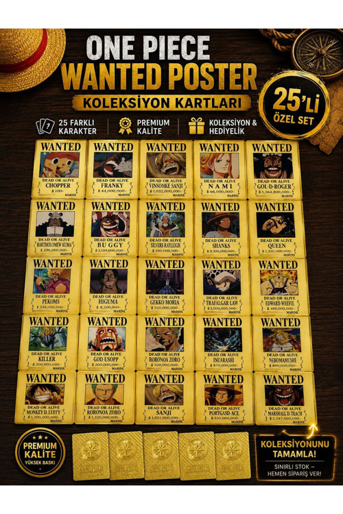 One Piece Oyun Kartı -WANTED POSTER GOLD KOLEKSİYON KARTI 25 Lİ + ALBÜM HEDİYELİ