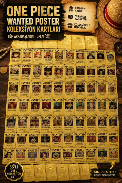 One Piece Oyun Kartı -WANTED POSTER GOLD KOLEKSİYON KARTI 55 Lİ + ÇANTA HEDİYELİ