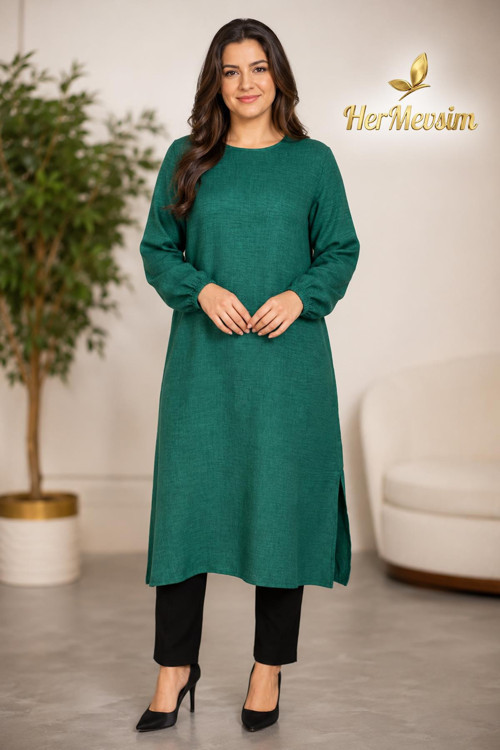 Missbah Kadın Efnan Keten Basic 115cm Yanı Yırtmaçlı Uzun Yeşil Tunik