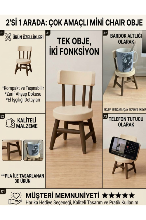 Çok Amaçlı Mini Sandalye Telefon Tutucu Ve Bardak Altlığı – 3D Baskı Pla Estetik Masaüstü Organizer Ve Standı Seti