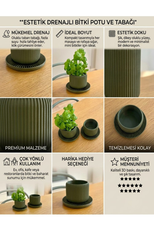Drenaj Tabakalı Oluklu Tasarım Mini Bitki Saksısı – 3D Baskı Haki Yeşil Estetik Çiçeklik Ve Kaktüs Sukulent Saksı Seti