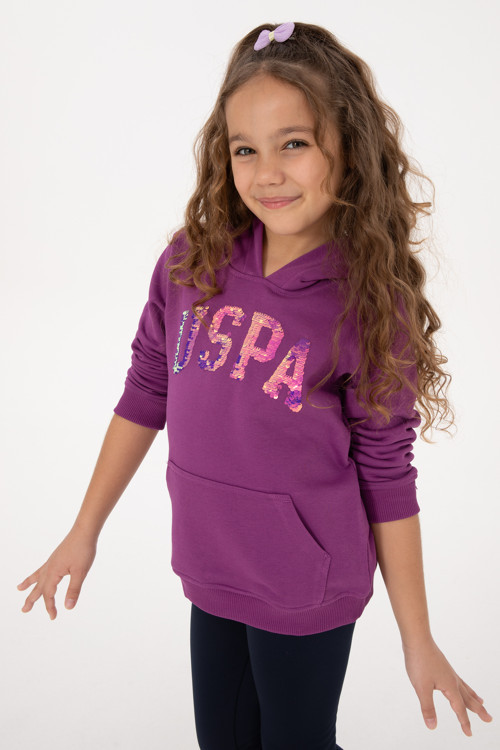 Kız Çocuk Menekşe Payet İşlemeli Kapüşonlu Basic Sweatshirt 50314312-VR037