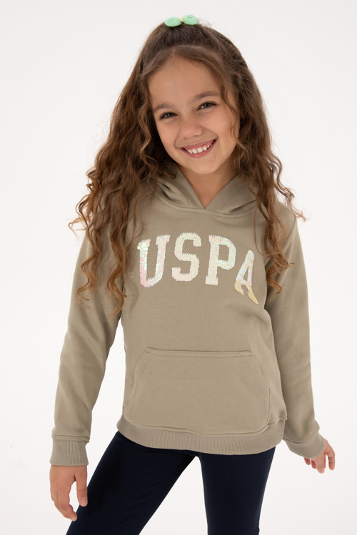 Kız Çocuk Açık Haki Payet İşlemeli Kapüşonlu Basic Sweatshirt 50314312-VR183