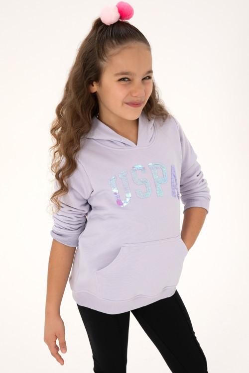 Kız Çocuk Lila Payet İşlemeli Kapüşonlu Basic Sweatshirt 50314312-VR245