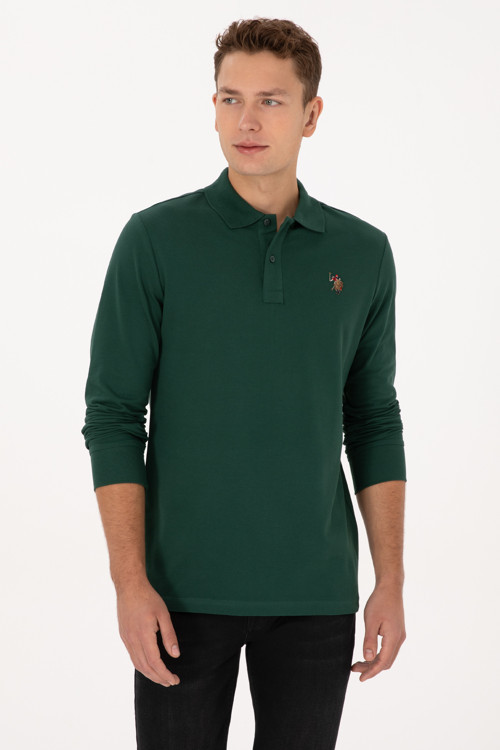 Erkek Regular Fit Polo Yaka Koyu Yeşil Basic Sweatshirt 50313772-VR079