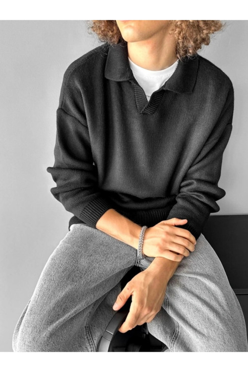 Erkek Oversize Basic Polo V Yaka Triko