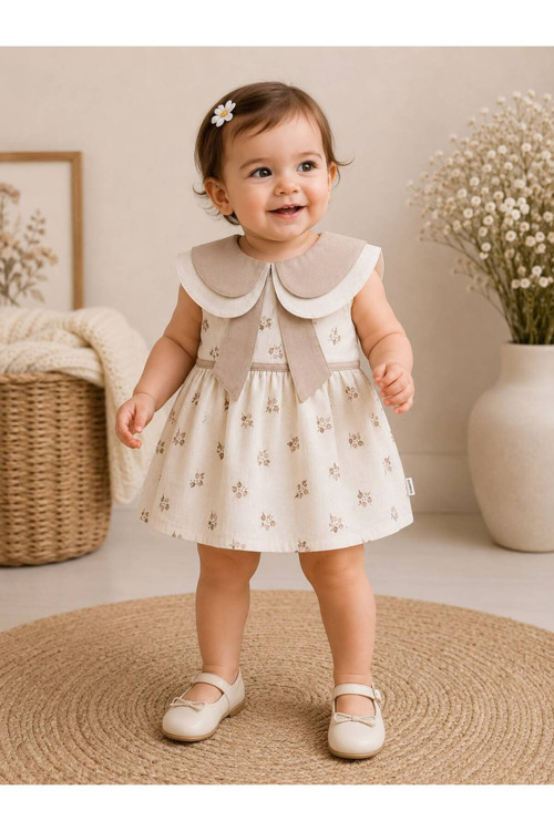 Çıtır Çiçek Desenli Krem Kız Bebek Elbise Bebe Yaka