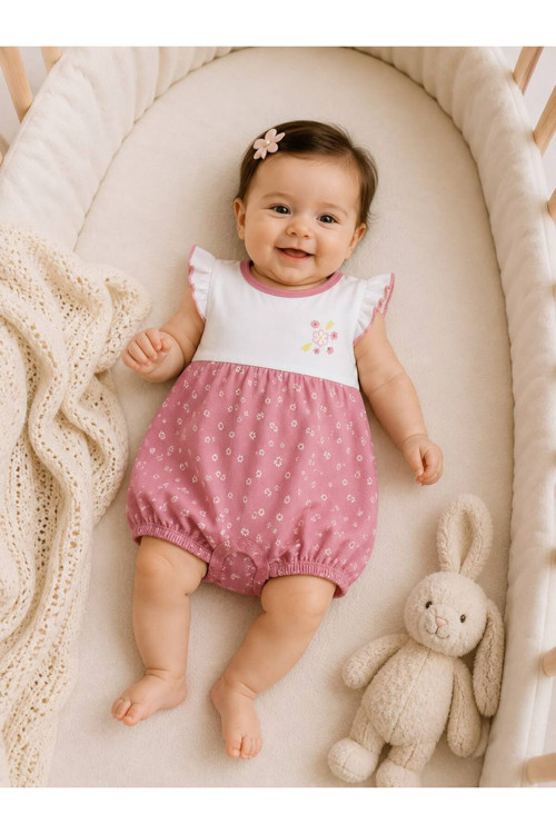 Kız Bebek Tulum Pembe Çiçekli Mother Love %100 Organic Pamuk