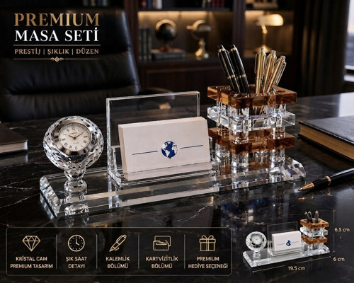 Premium Hediye Ofis Kristal Cam Saatli Kalemlik Kartvizitlik Yönetici Masaüstü Organizer Seti Kahve