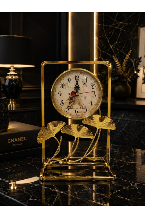 Gold Metal Çerçeveli Paris Manzaralı Ginkgo Yapraklı Dekoratif Masa Üstü Saat ve Biblo 24x16 cm