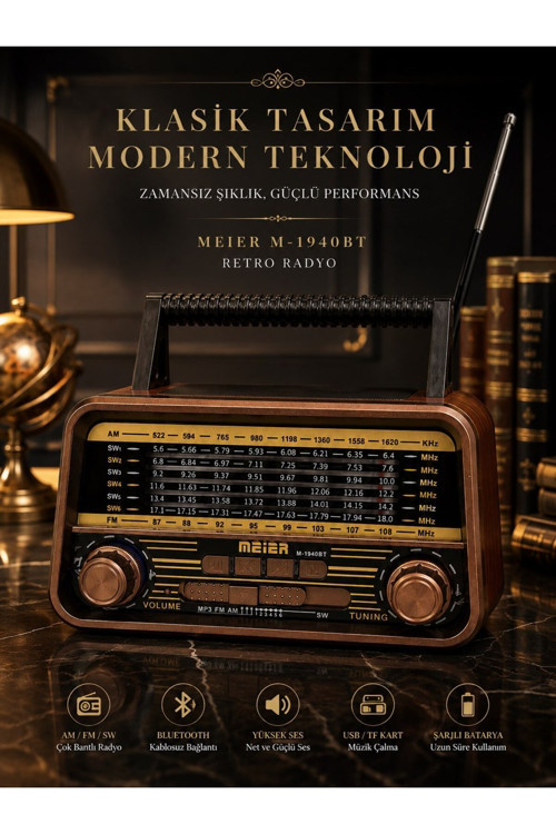 Ahşap Görünümlü Nostaljik Radyo Bluetooth Hoparlör Retro Tasarım Şarjlı Müzik Çalar USB MP3 Çalar