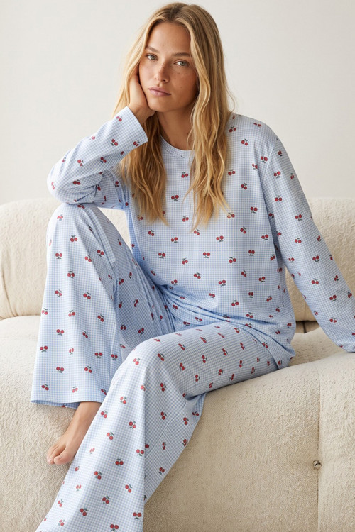 Desenli Yumuşak Tuşe Kışlık Örme Pijama Takımı 8072