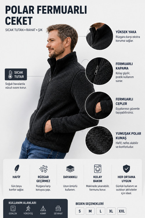 Erkek Peluş Mont Slim Fit Dik Yaka Fermuarlı Cepli Günlük Spor Ceket