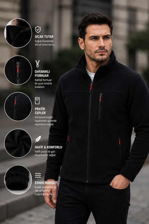 Erkek Siyah Fermuarlı Polar Ceket Dik Yaka Günlük ve Outdoor Kullanım