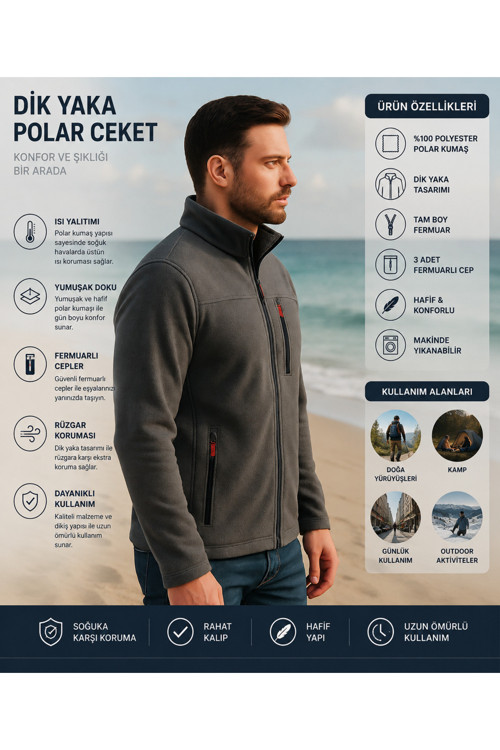 Erkek Koyu Gri Fermuarlı Polar – Dik Yaka, Cepli, Günlük & Outdoor Kullanım
