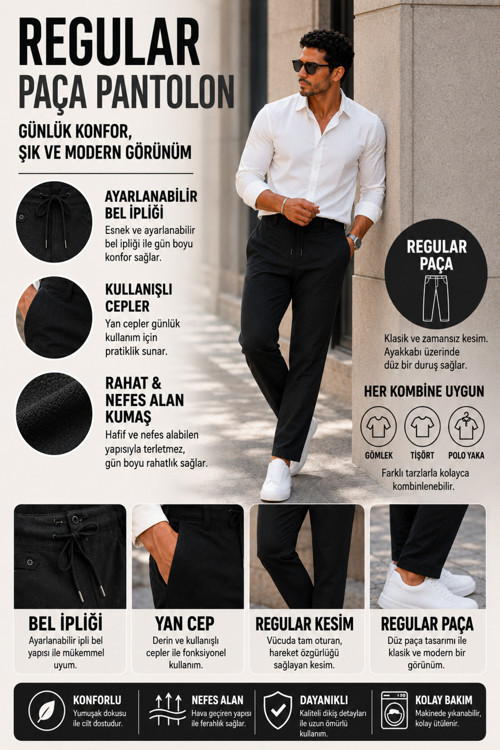Erkek Pamuklu Bağcıklı Pantolon Rahat Kalıp Günlük Casual Yazlık 2026 Yaz Koleksiyonu