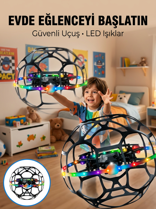 El Hareketi Kontrollü Futbol Topu Tasarımlı Drone LED Işıklı