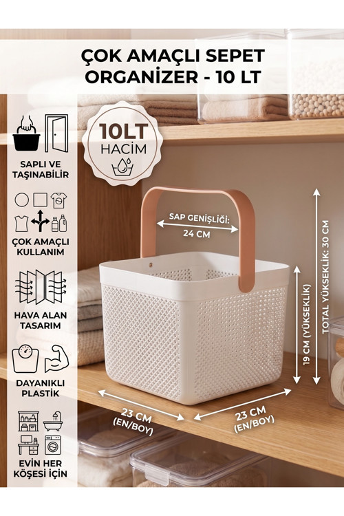 Dolap İçi Düzenleyici, Banyo, Mutfak Organizeri Kulplu Sepet, Dekoratif Saklama Kutusu, Banyo Düzenleyici Organizer 10LT