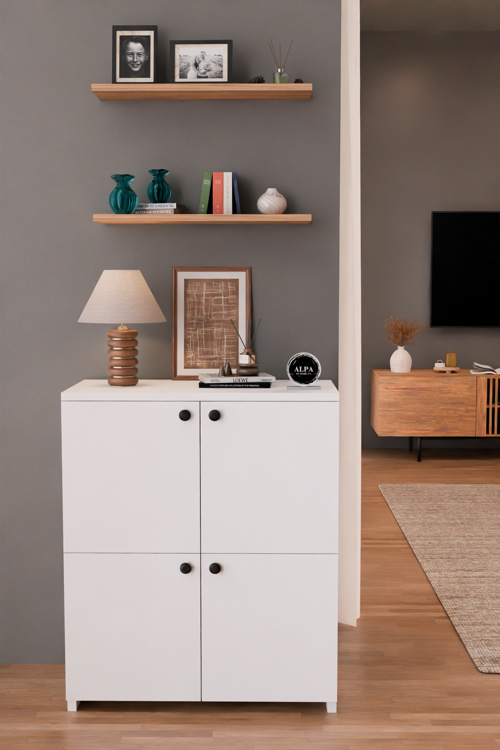 4 Kapaklı Çok Amaçlı Konsol 2'li Duvar Rafı Hediyeli Kitaplık Çok Amaçlı Salon Dolabı