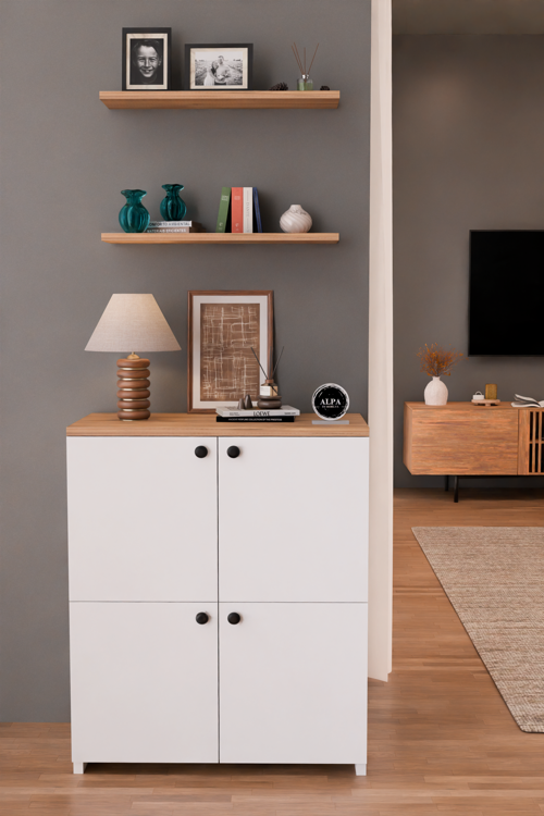 4 Kapaklı Çok Amaçlı Konsol 2'li Duvar Rafı Hediyeli Kitaplık Çok Amaçlı Salon Dolabı