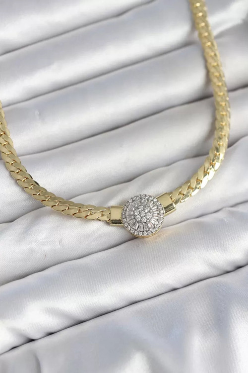 Ezme Zincir Model Zirkon Taşlı VIP Seri Gold Renk Kadın Kolye TJ-BKO11141