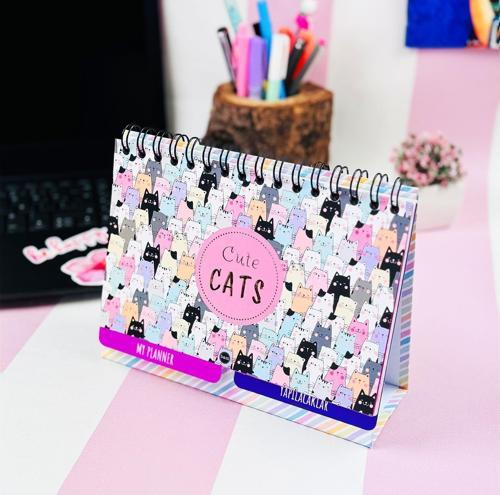 Sevimli Kedi Tasarımlı Yeni Nesil Masa Üsü Planner 2 Sayfa Sticker