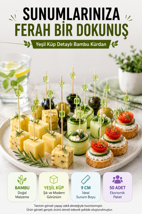 50’li Yeşil Küp Bambu Kürdan 9 cm Parti Davet Kokteyl Kanepe Sunum Kürdanı Organizasyon Sofra Seti