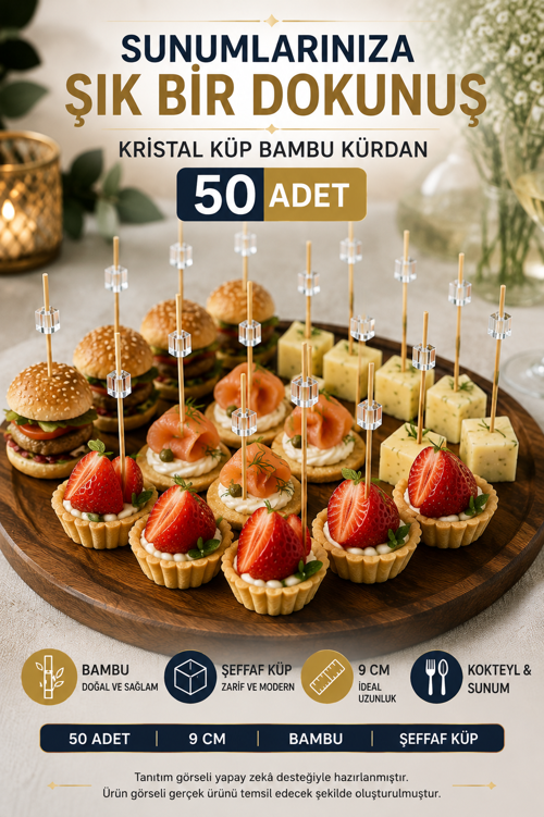 50’li Kristal Küp Bambu Kürdan 9 cm Parti Davet Kokteyl Kanepe Sunum Kürdanı Organizasyon Sofra Seti