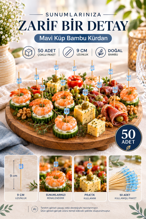 50’li Mavi Küp Bambu Kürdan 9 cm Parti Davet Kokteyl Kanepe Sunum Kürdanı Organizasyon Sofra Seti